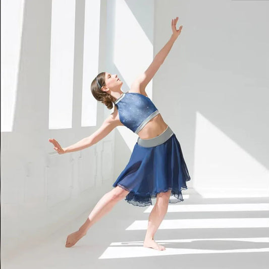 Female Two-Piece Set Blue Ballet Dress Or Modern Dance Skirts, Flowing Fairy Performance Costumes