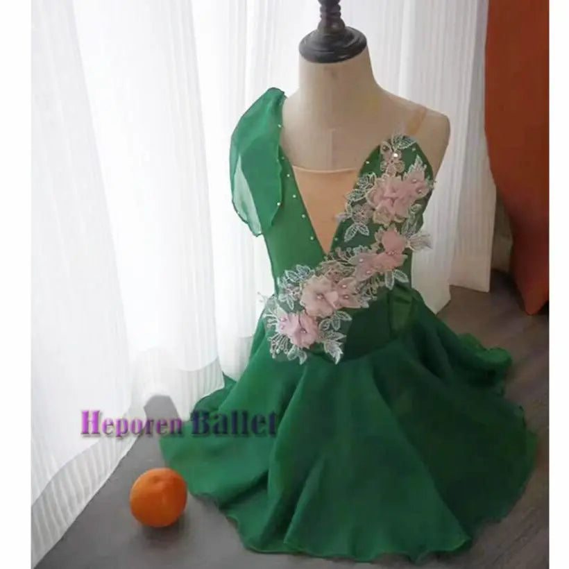 Girl Simple Chiffon Cupid Ballet Short Dress With Flower Decoration For Practice, Summer Elegant Modern Dance Skirt