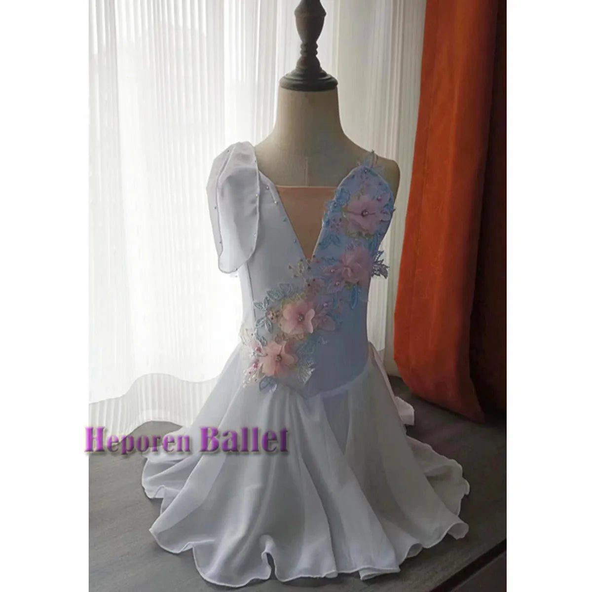 Girl Simple Chiffon Cupid Ballet Short Dress With Flower Decoration For Practice, Summer Elegant Modern Dance Skirt