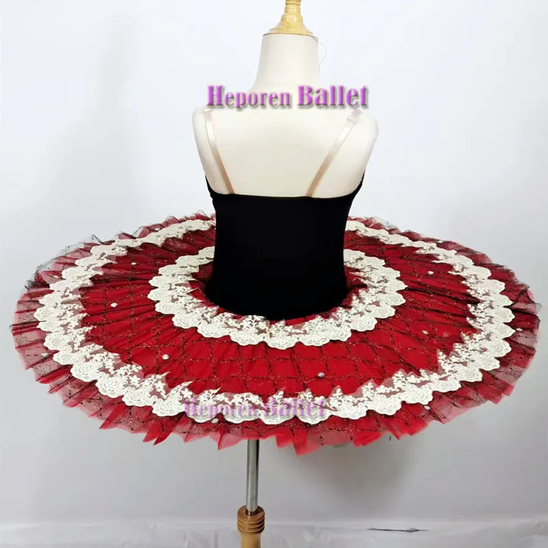 Girls Red And Black Ballet Tutu Gauze Puffy Skirt For Don Quixote, Woman Esmeralda Ballet Performance Dress