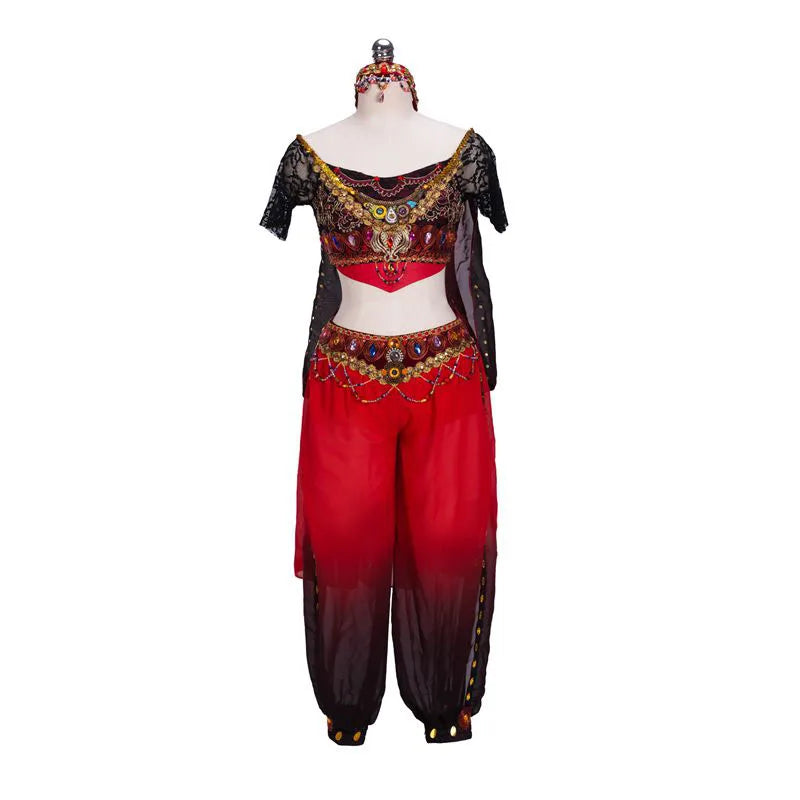 Gradient Burgundy Pirate Two Pieces Ballet Top Pants With Headwear, Female Nikiya Ballet Costumes India Belly Dancing Clothes