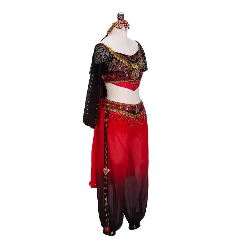 Gradient Burgundy Pirate Two Pieces Ballet Top Pants With Headwear, Female Nikiya Ballet Costumes India Belly Dancing Clothes