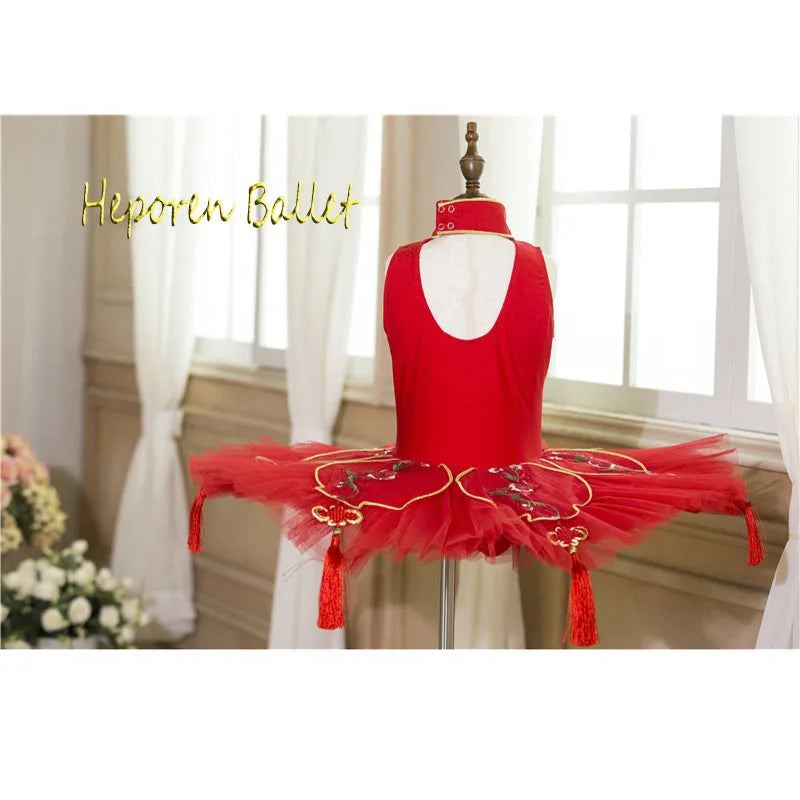 Red Ballet Tutu Dress With Chinese Knot For Stage Performance,Hard Net Chinese Style Ballet Dance Pancake Tutus