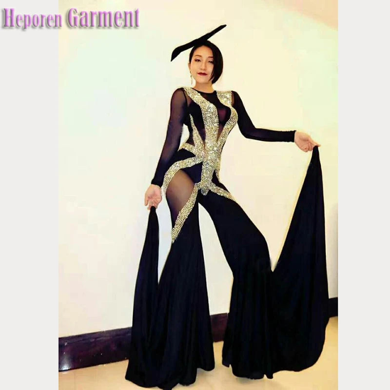 Nightclub Female Singer Dj Car Model Photography Rhinestone Diamond Sexy One-piece Trailing Big Trouser Leg Costumes