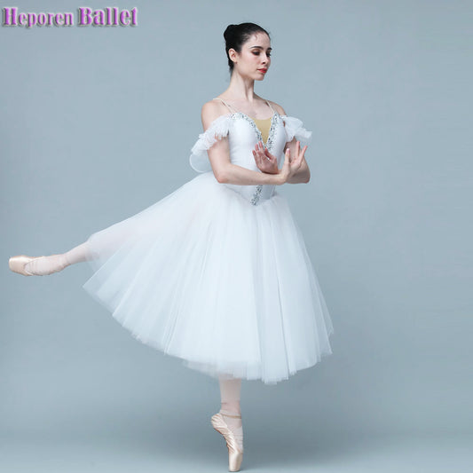 Female Adult Or Kid White Ballet Costume With Wings Dance Long Skirt Canopy Dress For Stage Repertoire Performance