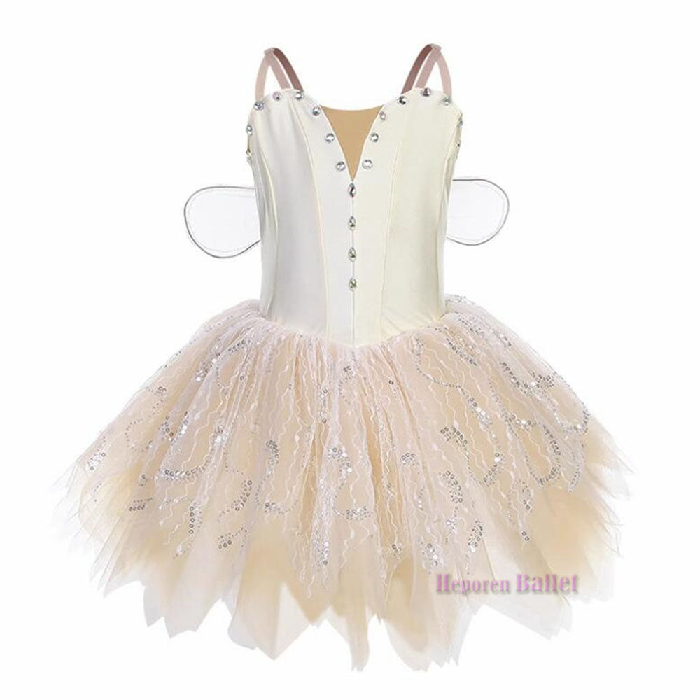 Cream Or other colors Fairy Ballet Tutu with Wings Rhinestone Embellished Bodice, Sparkly Tulle Skirt Professional Ballerina Costume