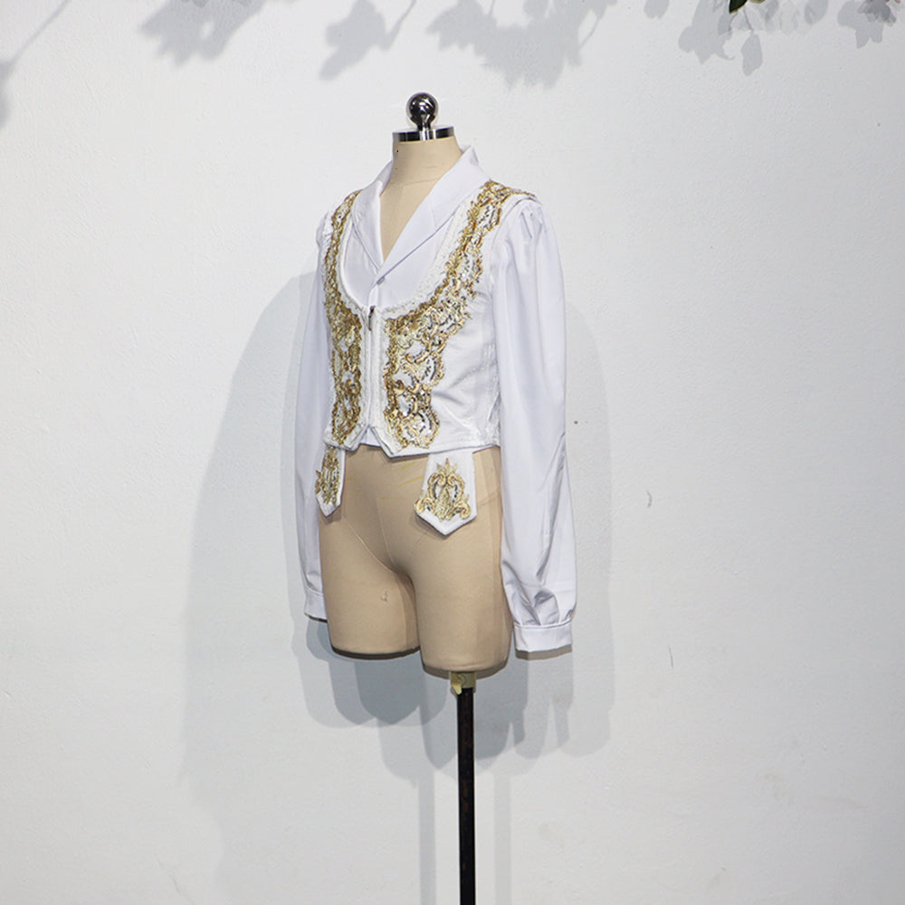 White Gold Trim Men’s Ballet Dance Top Prince Ballet Vest Short Custom Ethnic Performance Costume