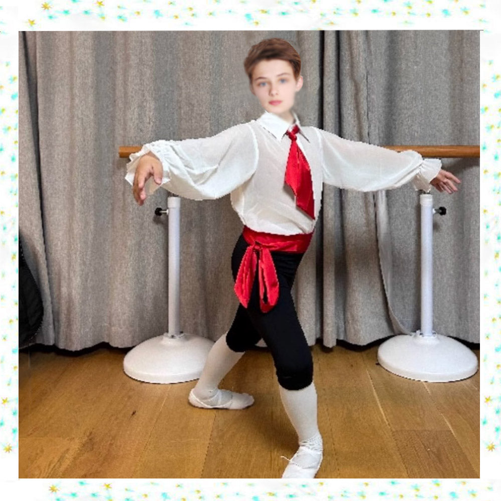 Napoli Men's Ballet Costume, Danish Brononville Style Male Variation Top, White Shirt With Tie And Belt