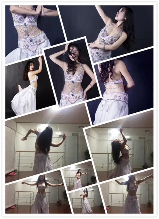 Elegent Stage Wear Belly Dance Costumes Including Brassiere Skirt and Waist Chain, Sexy Sequin Beeds Bra Jewelry Sets