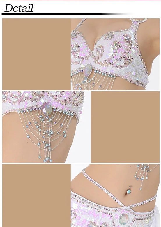 Elegent Stage Wear Belly Dance Costumes Including Brassiere Skirt and Waist Chain, Sexy Sequin Beeds Bra Jewelry Sets