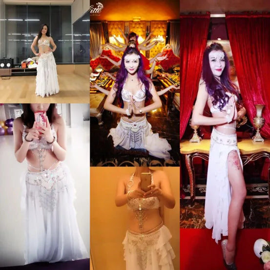 Elegent Stage Wear Belly Dance Costumes Including Brassiere Skirt and Waist Chain, Sexy Sequin Beeds Bra Jewelry Sets