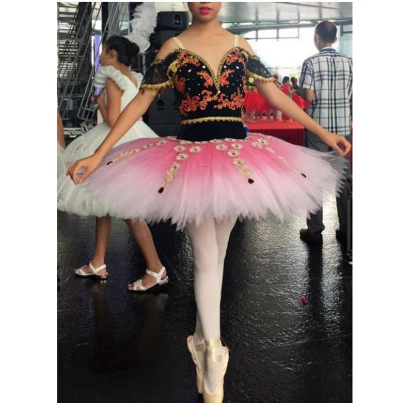 Women Ballet Dress For Sleeping Beauty, Professional Gradient Pink Hard Gauze Flower Fairy Stage Performance