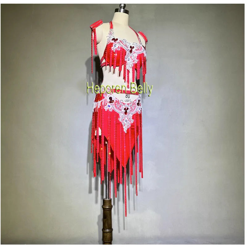 High Quality Red Lovely Belly Dance Dress Costumes Set Top & Skirt Sparkling Diamond Tassel New Arrival