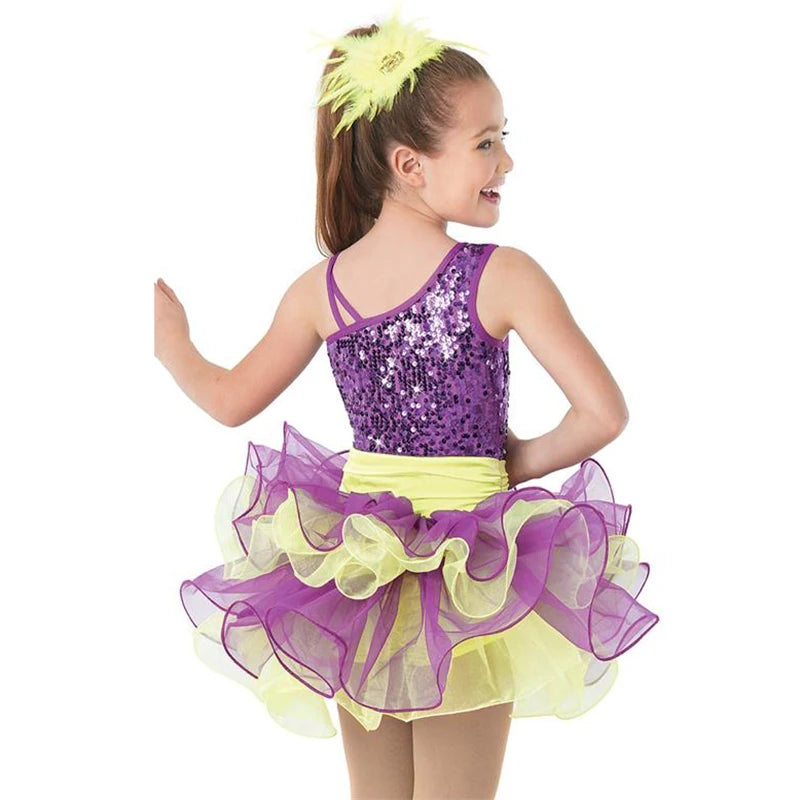 Kids Romantic Ballet Soft Tutu, Children's Adult Purple Ballet Costume Sequin Puffy Beaded Embroidered Top 4-layer Mesh Skirt