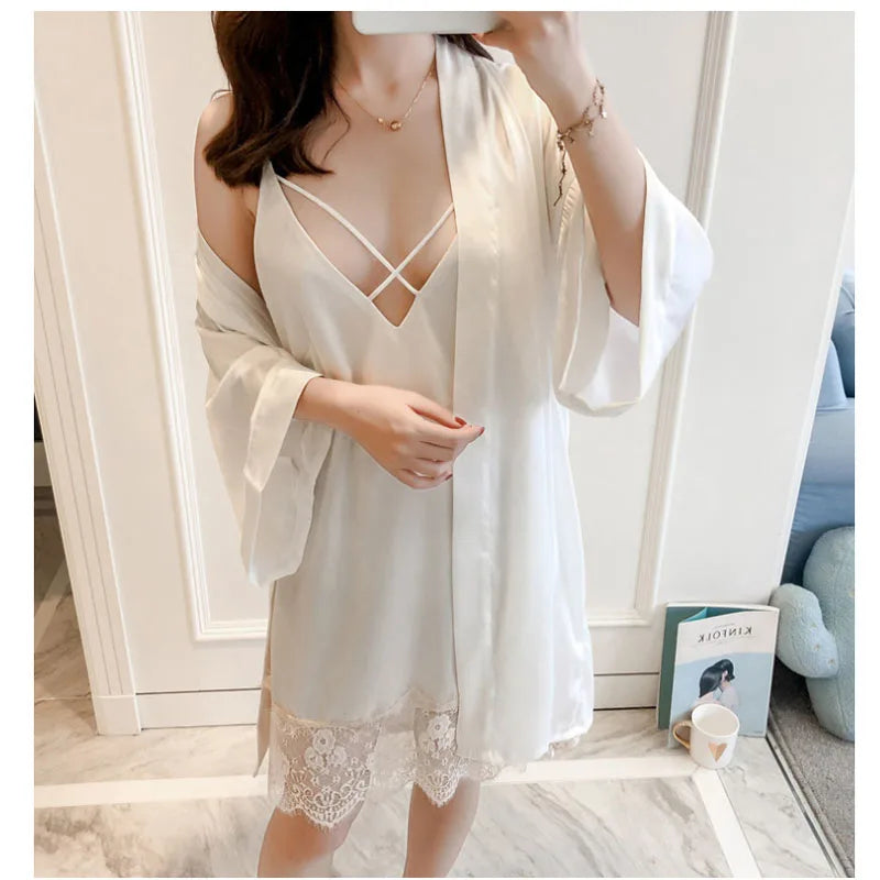 Lady Sexy Black Blue Red Pajamas Dress With Coat,Spring V-Neck Strap Sleepwear Suit Lace Robe Set Gown Lounge Drop Ship