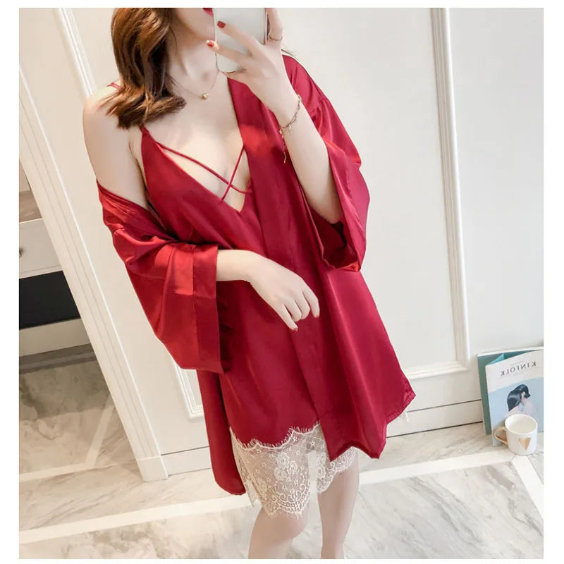 Lady Sexy Black Blue Red Pajamas Dress With Coat,Spring V-Neck Strap Sleepwear Suit Lace Robe Set Gown Lounge Drop Ship