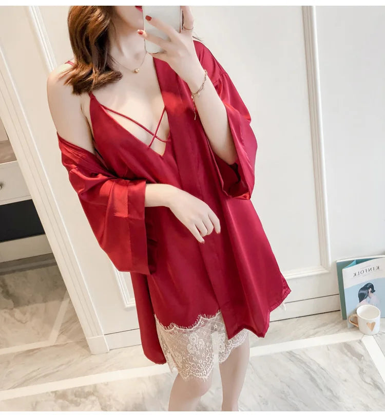 Lady Sexy Black Blue Red Pajamas Dress With Coat,Spring V-Neck Strap Sleepwear Suit Lace Robe Set Gown Lounge Drop Ship