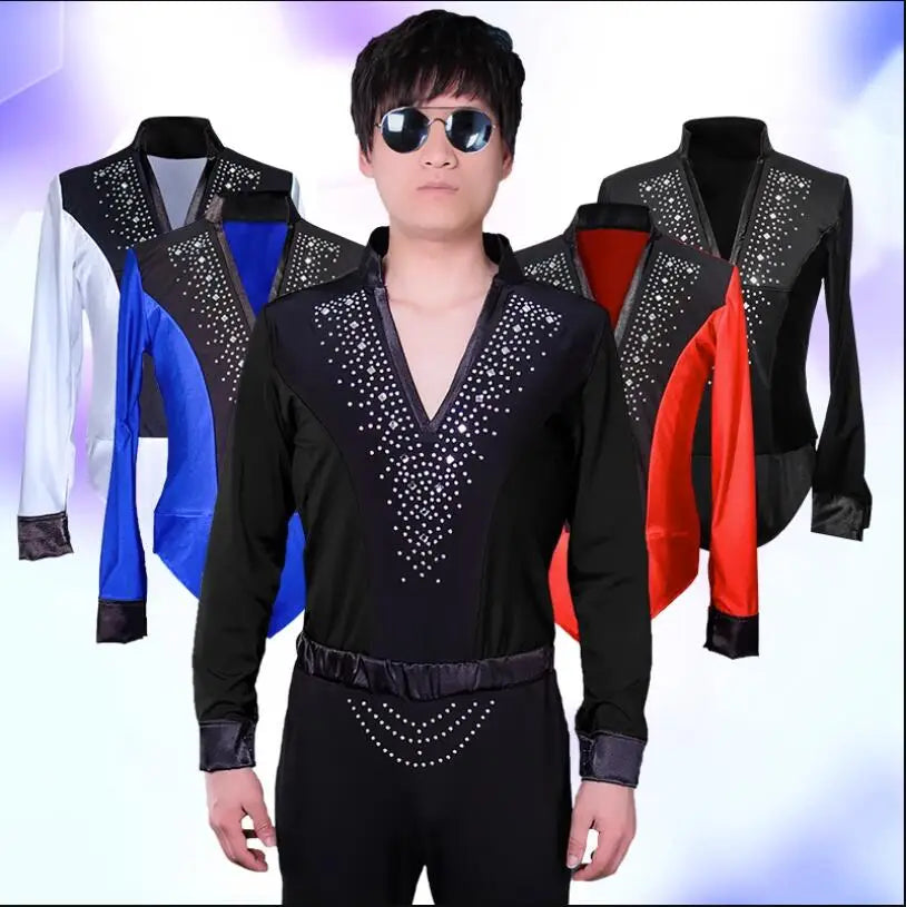 Men's Latin Dance Performance Costume Antiskewer Male Step Latin Dance Jumpsuit With Long Sleeve