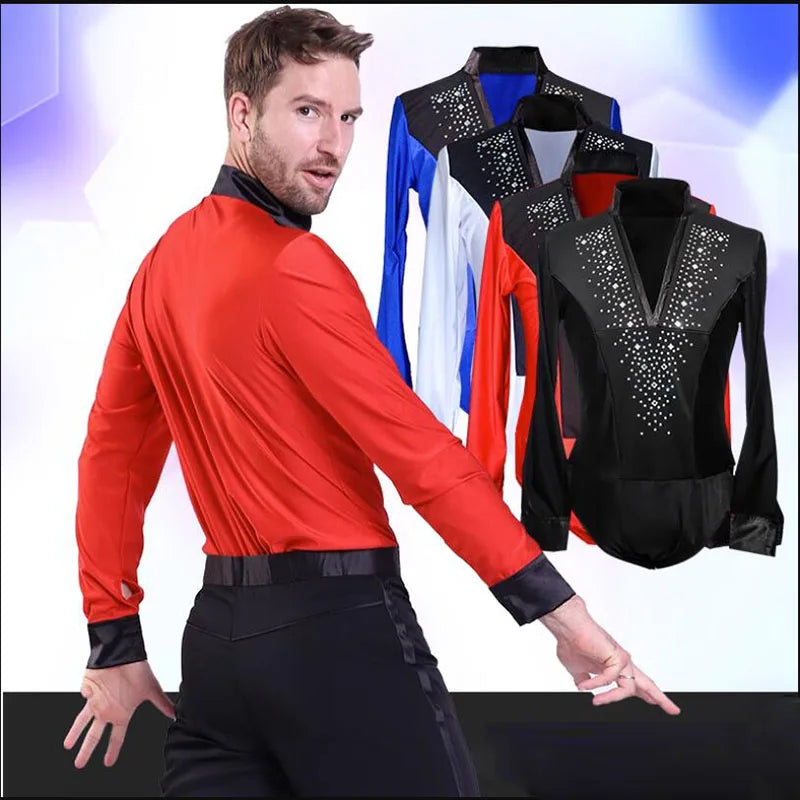 Men's Latin Dance Performance Costume Antiskewer Male Step Latin Dance Jumpsuit With Long Sleeve