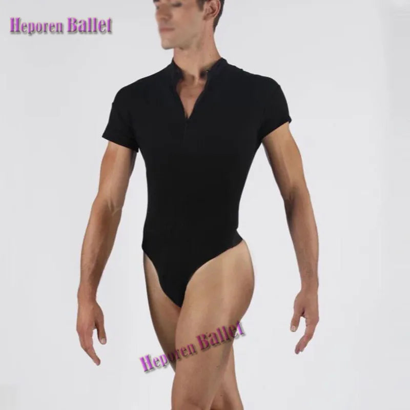 Men's Stand-up Collar Balet Leotard Invisible Zipper Short-sleeved One-piece T-shirt Jumpsuit Ballet Dance Undershirt