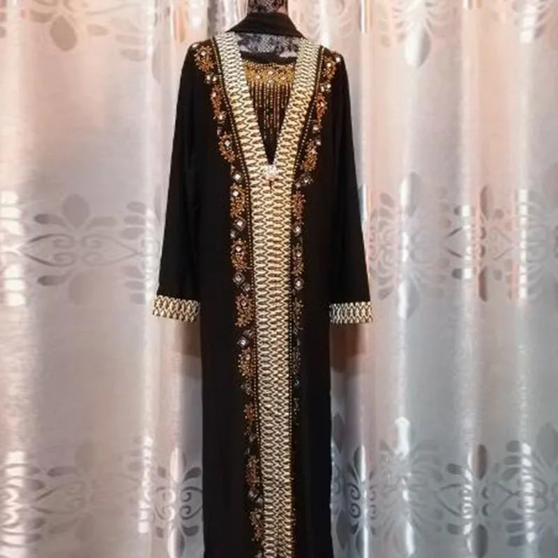 New Arabic Muslim Embroidered Long Robe Turkish Fashion Maxi Dress With Flared Sleeves