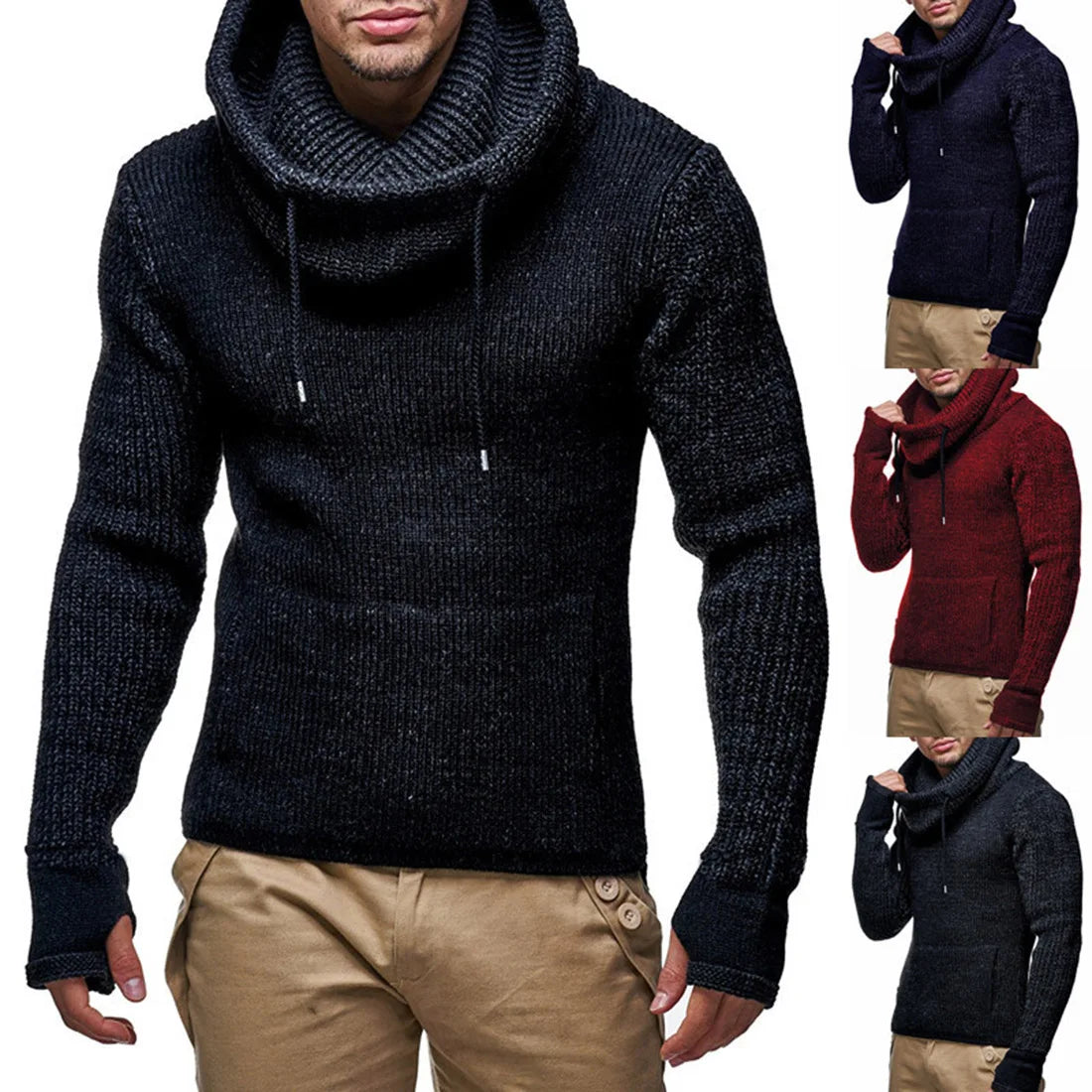 New Winter Casual Pure Color Pile Neck With Drawcord Pullover Sweater For Men