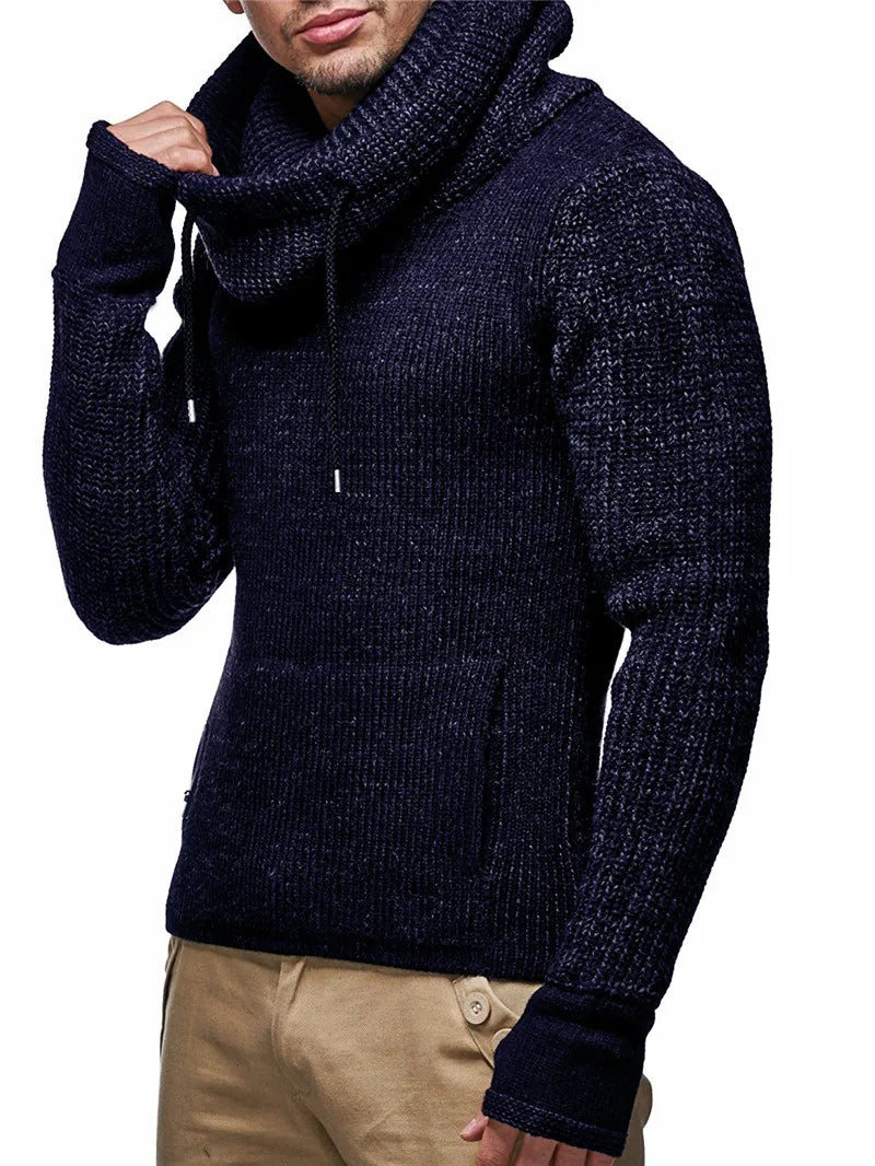 New Winter Casual Pure Color Pile Neck With Drawcord Pullover Sweater For Men