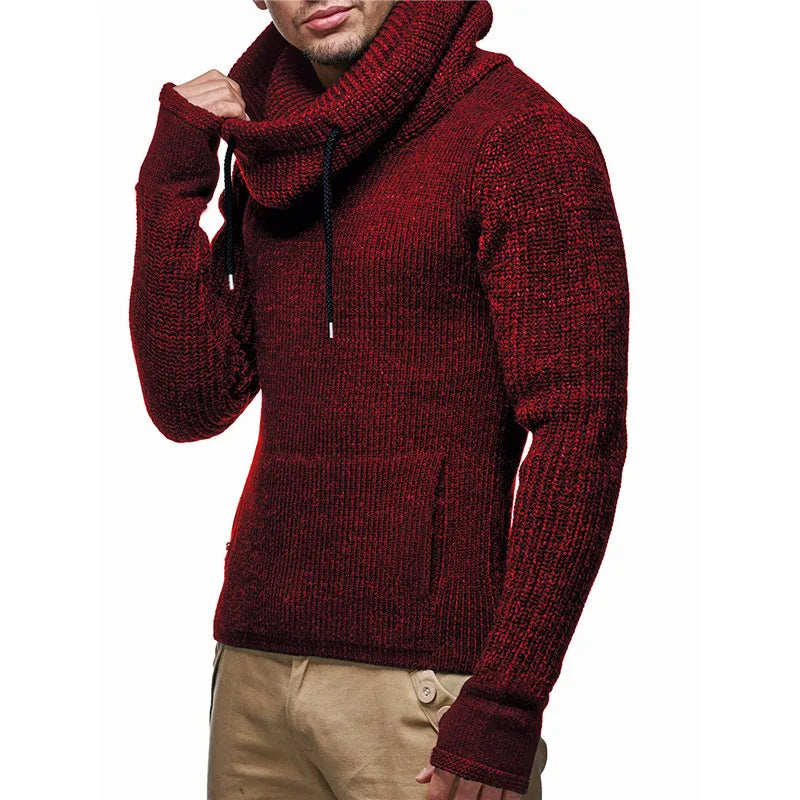 New Winter Casual Pure Color Pile Neck With Drawcord Pullover Sweater For Men