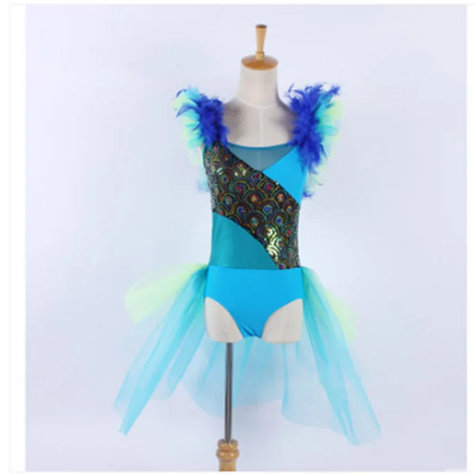 Nice Blue Feather Shoulder Shining Sequin Fabric Bodice New Jazz Dancing Jumpsuit Half Skirt One Piece Ballet Dresses Drop Ship