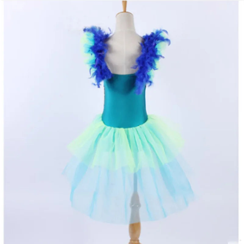 Nice Blue Feather Shoulder Shining Sequin Fabric Bodice New Jazz Dancing Jumpsuit Half Skirt One Piece Ballet Dresses Drop Ship