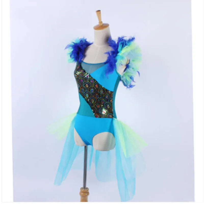 Nice Blue Feather Shoulder Shining Sequin Fabric Bodice New Jazz Dancing Jumpsuit Half Skirt One Piece Ballet Dresses Drop Ship