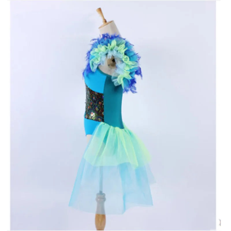 Nice Blue Feather Shoulder Shining Sequin Fabric Bodice New Jazz Dancing Jumpsuit Half Skirt One Piece Ballet Dresses Drop Ship