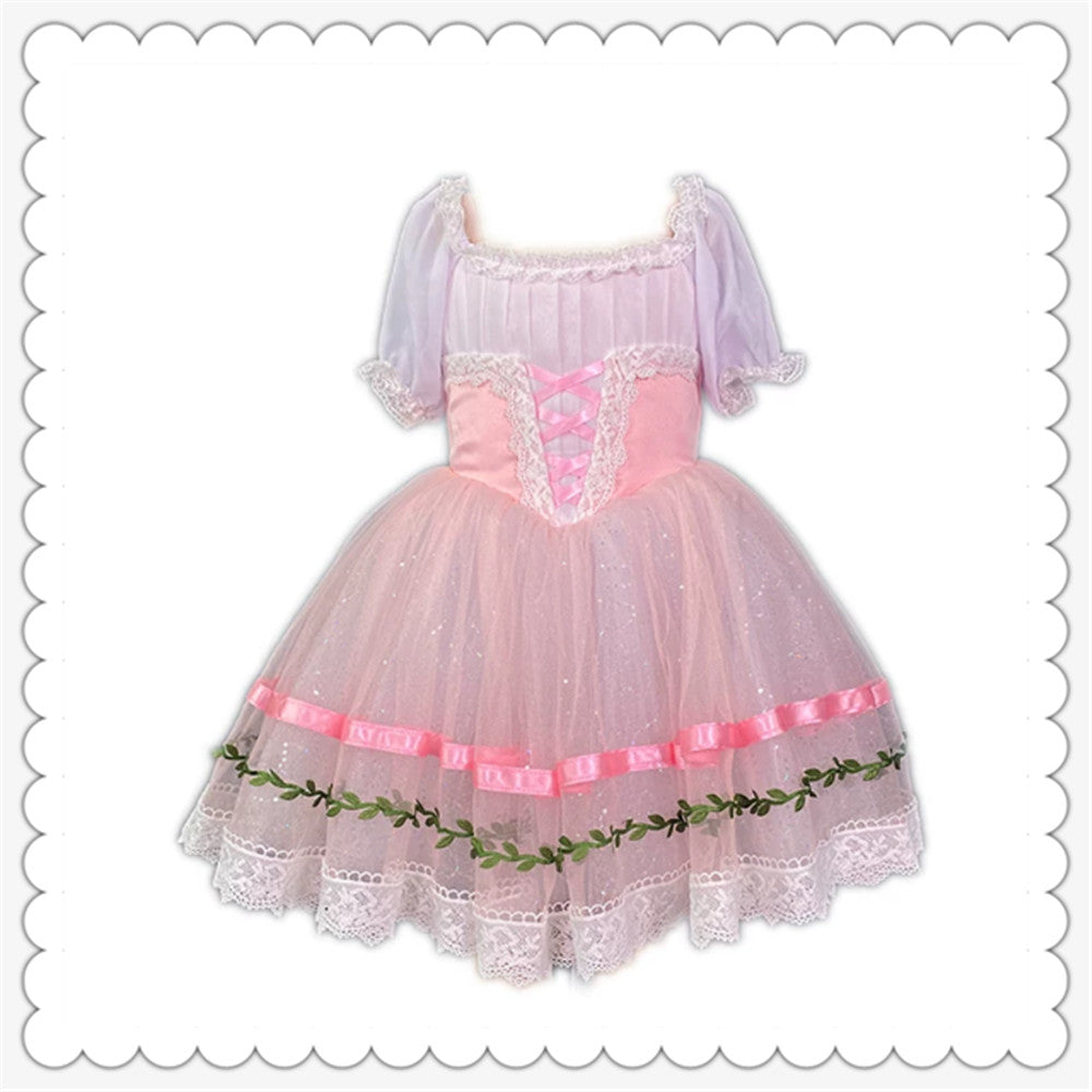 Girls Pink Ballet Tutu Dress Puff Sleeve Lace Trim Giselle Style Princess Dance Performance Costume