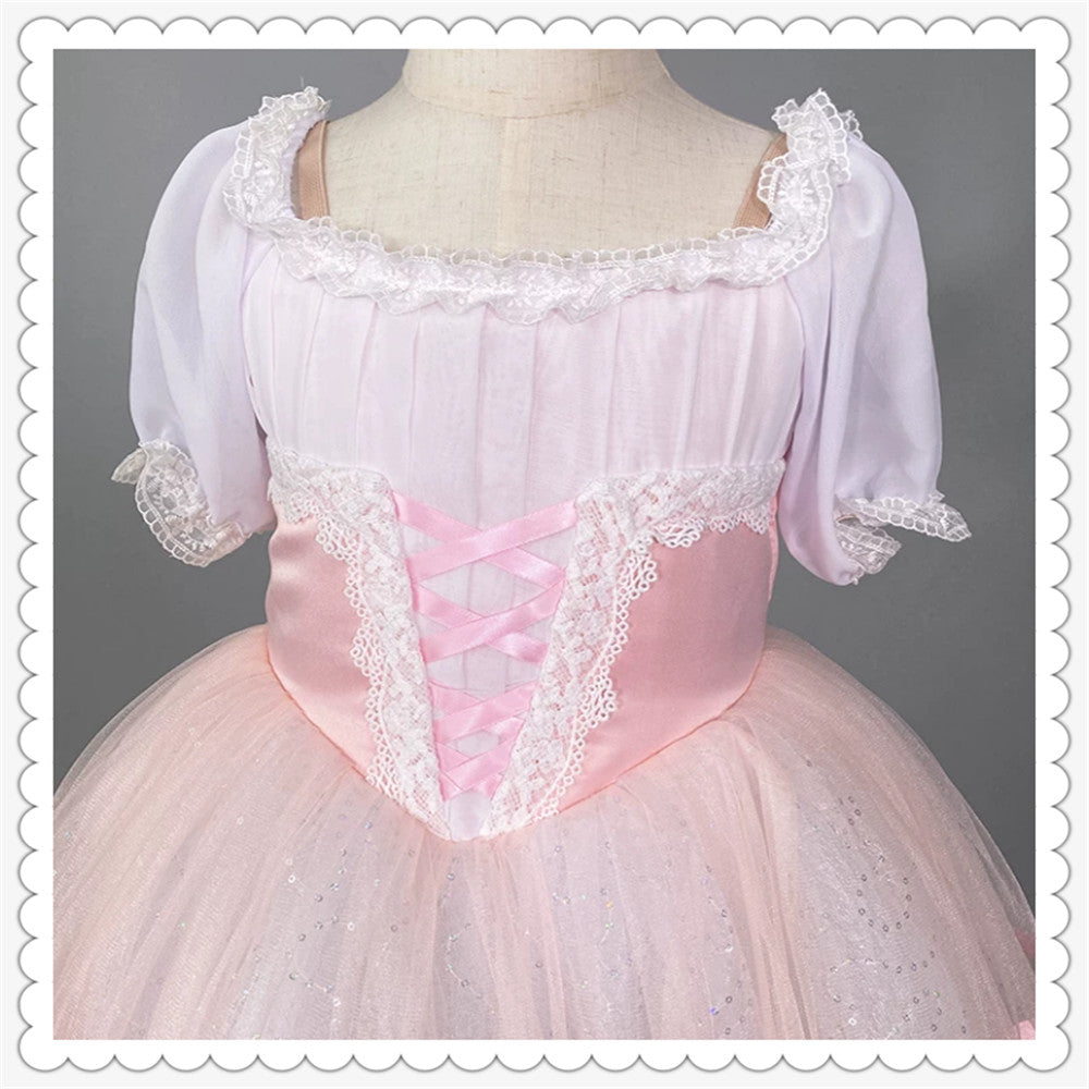 Girls Pink Ballet Tutu Dress Puff Sleeve Lace Trim Giselle Style Princess Dance Performance Costume