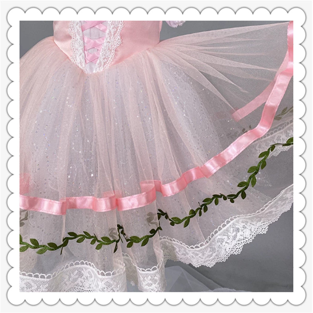 Girls Pink Ballet Tutu Dress Puff Sleeve Lace Trim Giselle Style Princess Dance Performance Costume