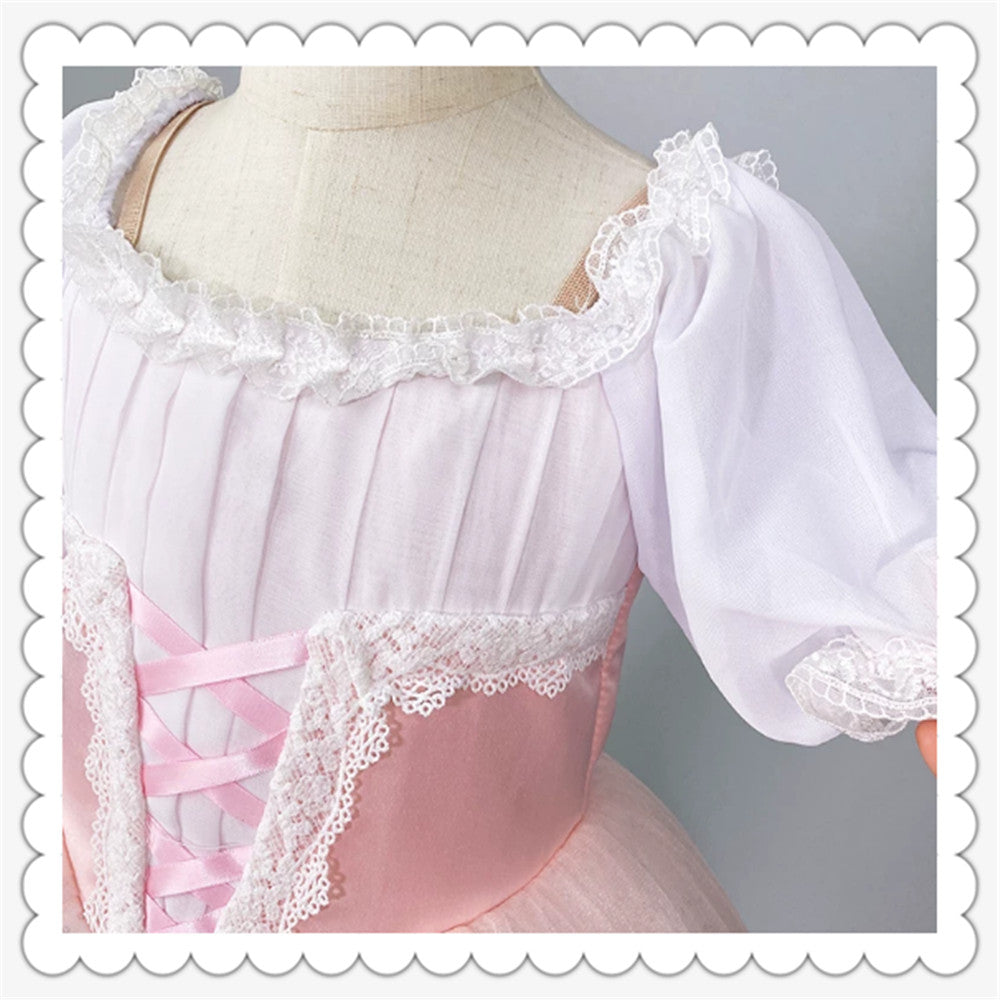Girls Pink Ballet Tutu Dress Puff Sleeve Lace Trim Giselle Style Princess Dance Performance Costume