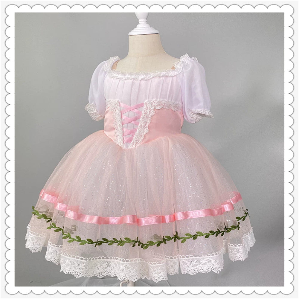 Girls Pink Ballet Tutu Dress Puff Sleeve Lace Trim Giselle Style Princess Dance Performance Costume