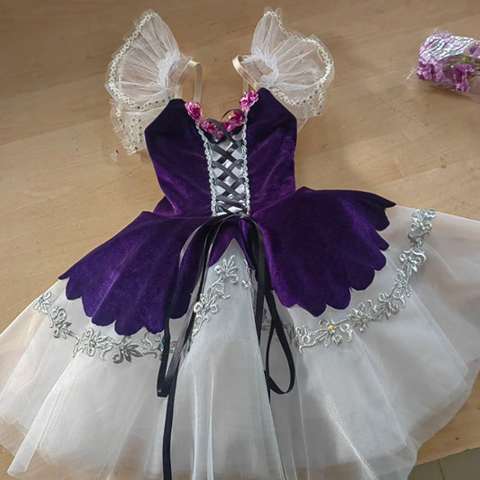 Professional Children's Purple Giselle Ballet Skirt Competition Dress For La Fille Mal Gardée