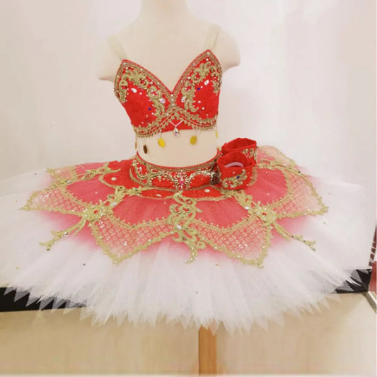 Professional Custom Red Ballet Dress Split Top And Bottom Pancake Skirt For Pirate Variations Gradient Hard Yarn Plate Tutus