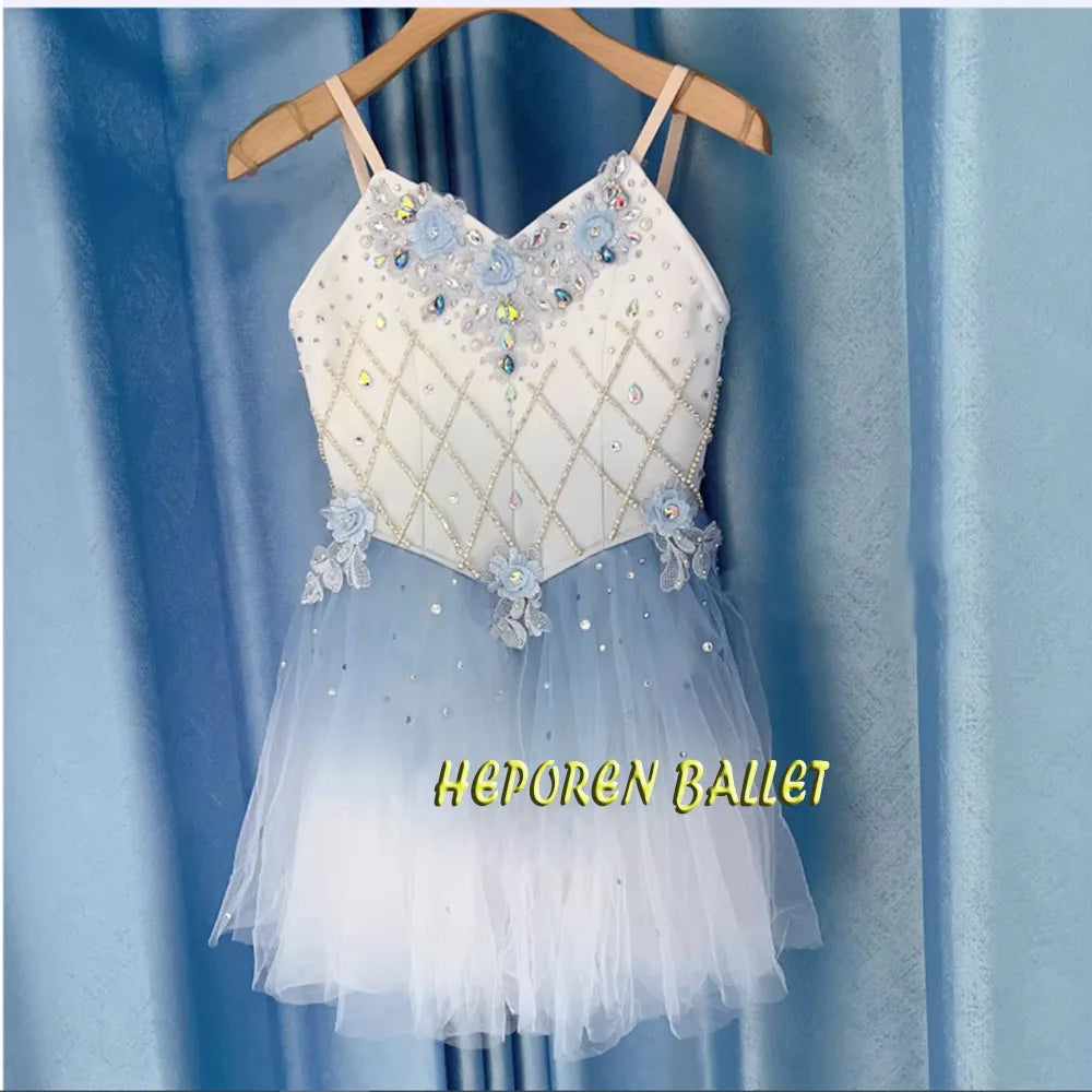 Professional Gradient Blue Cupid Variation Short Ballet Dress With Diamonds,High Quality Hook And Eyes Back Mermaid Ballet