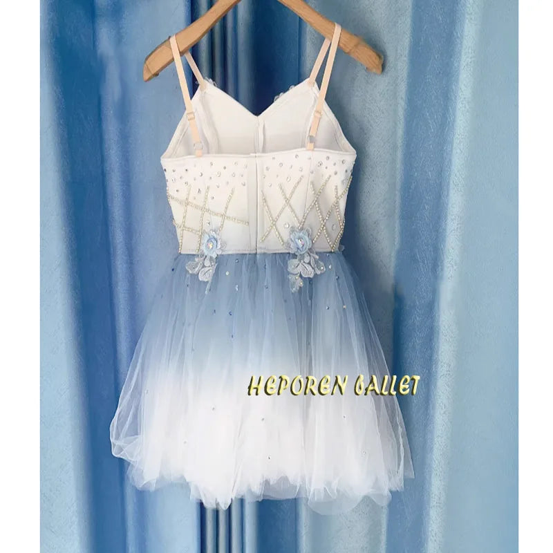 Professional Gradient Blue Cupid Variation Short Ballet Dress With Diamonds,High Quality Hook And Eyes Back Mermaid Ballet