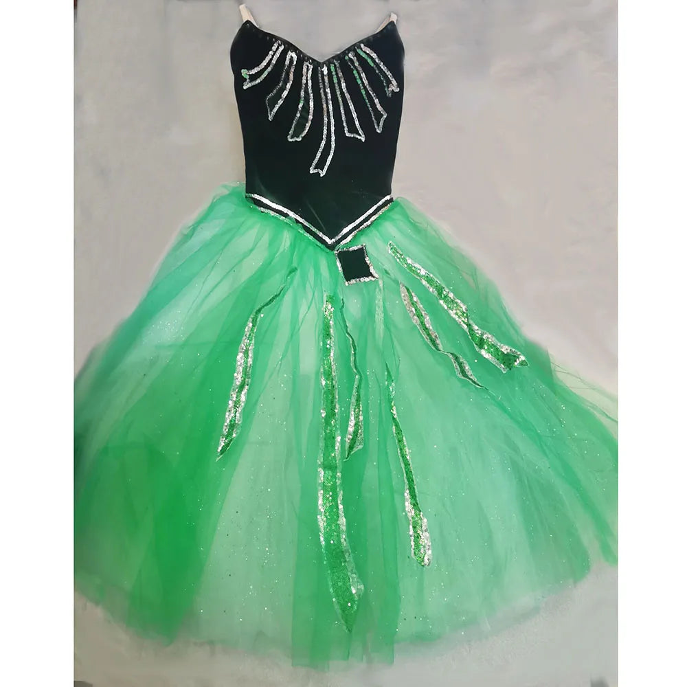 Professional Green Ballet Dress Romantic Soft Long Dresses With Glliter Sequins Hook And Eyes Back,Ballet DanceDress Girls