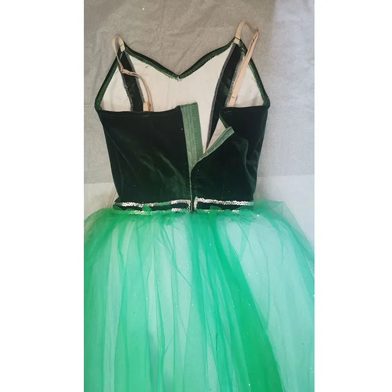 Professional Green Ballet Dress Romantic Soft Long Dresses With Glliter Sequins Hook And Eyes Back,Ballet DanceDress Girls