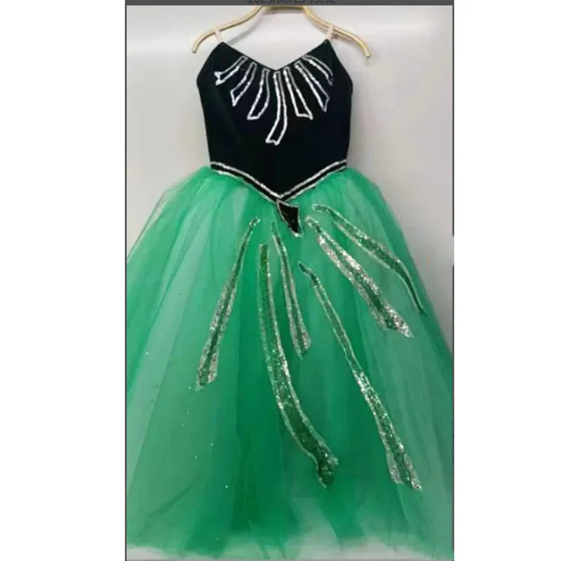 Professional Green Ballet Dress Romantic Soft Long Dresses With Glliter Sequins Hook And Eyes Back,Ballet DanceDress Girls