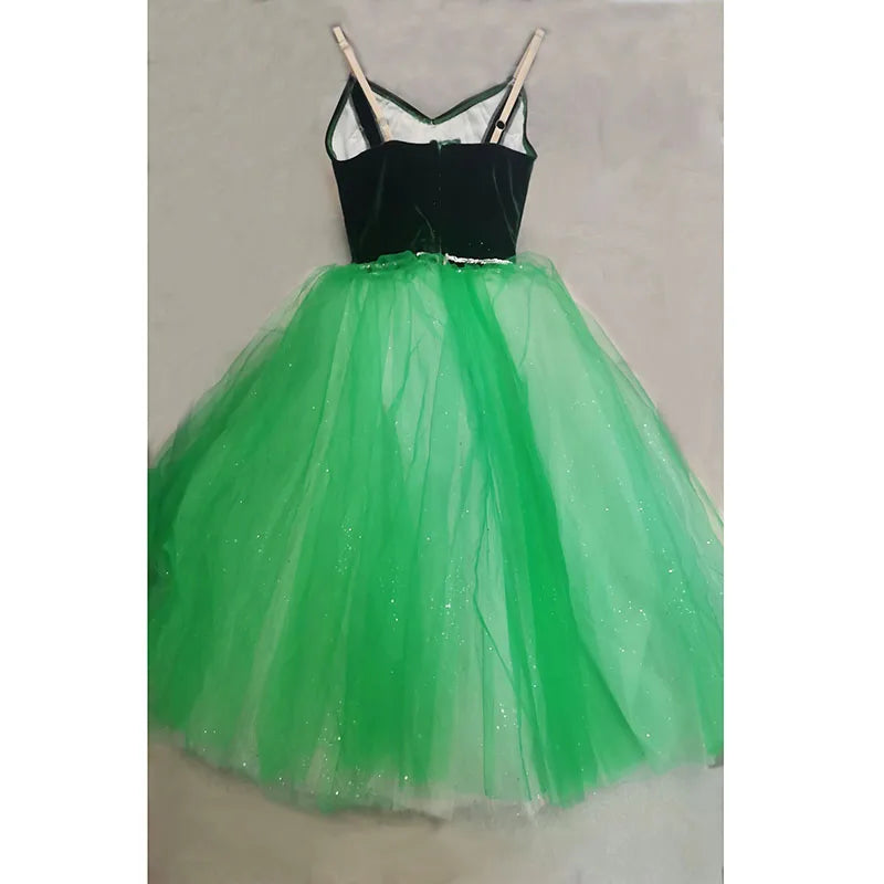 Professional Green Ballet Dress Romantic Soft Long Dresses With Glliter Sequins Hook And Eyes Back,Ballet DanceDress Girls