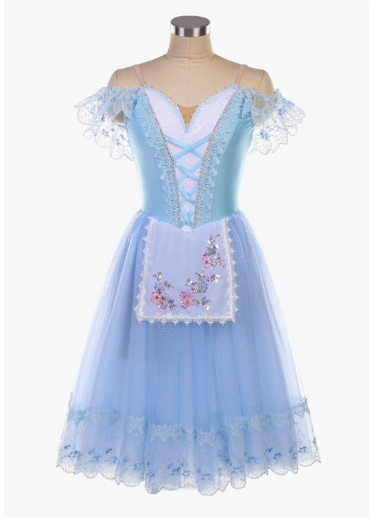 Light Blue Coppélia Long Romantic Ballet Dress With Floral Embroidered Apron, Sparkly Tulle Skirt for Giselle Performances