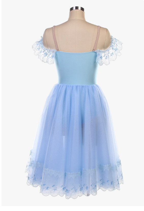 Light Blue Coppélia Long Romantic Ballet Dress With Floral Embroidered Apron, Sparkly Tulle Skirt for Giselle Performances