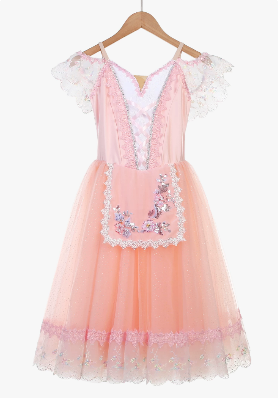 Light Blue Coppélia Long Romantic Ballet Dress With Floral Embroidered Apron, Sparkly Tulle Skirt for Giselle Performances