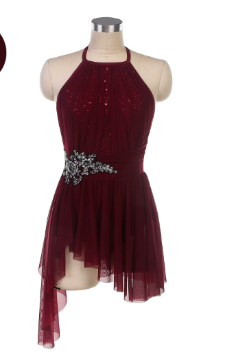 Halter Lyrical Ballet Dance Costume With Built In Asymmetrical Skirt,Lace Sequin Asymmetrical Mesh Ballet Dress for Women