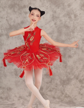 Chinese Nutcracker Dance Costume Ballet Dance Pancake Tutus,Red Ballet Tutu Dress With Chinese Knot For Stage Performance